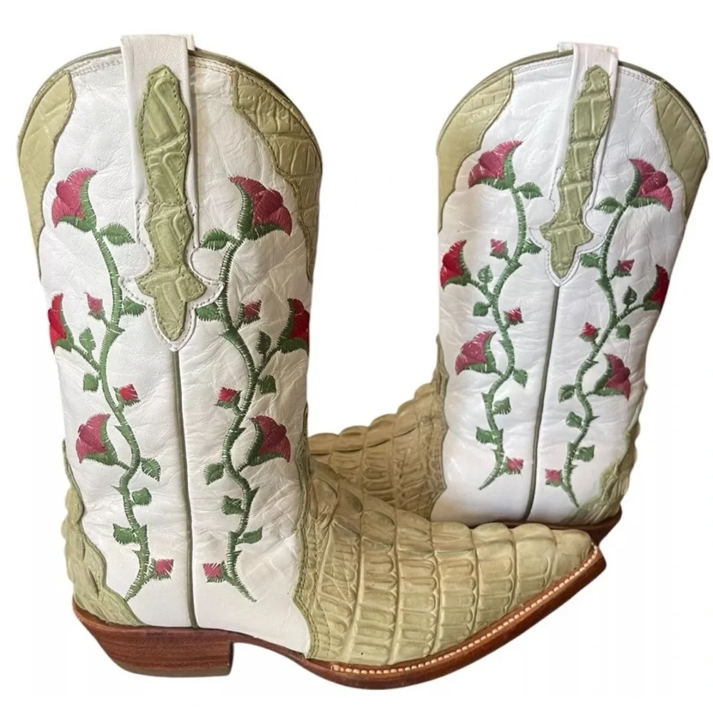 Botas Aguila Real Crocodile Boots Green Floral Leather Women’s Size 4.5